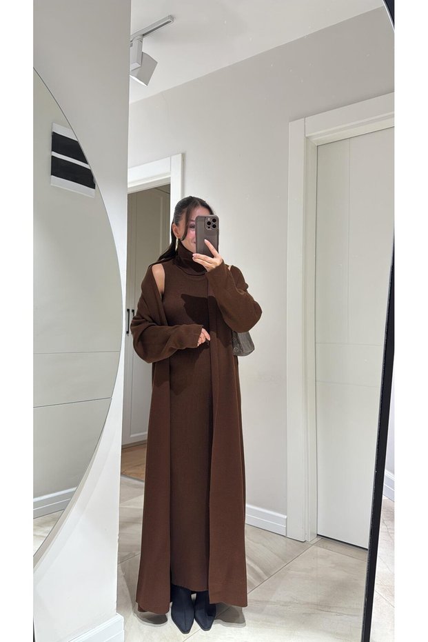 Women's High Neck Knitwear Dress Cardigan Set