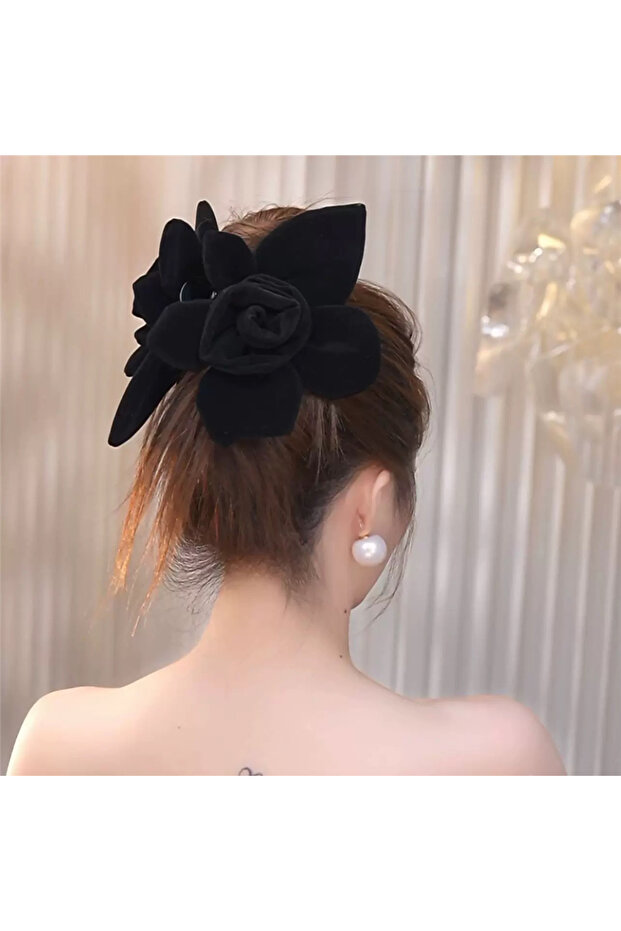 Black velvet textured large flower hair clip
