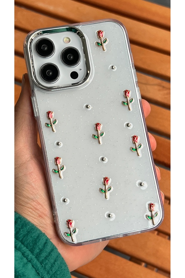iPhone 14 Pro Max - Transparent Glittery Red Rose Pattern Cover Shiny Case with Camera Protrusion