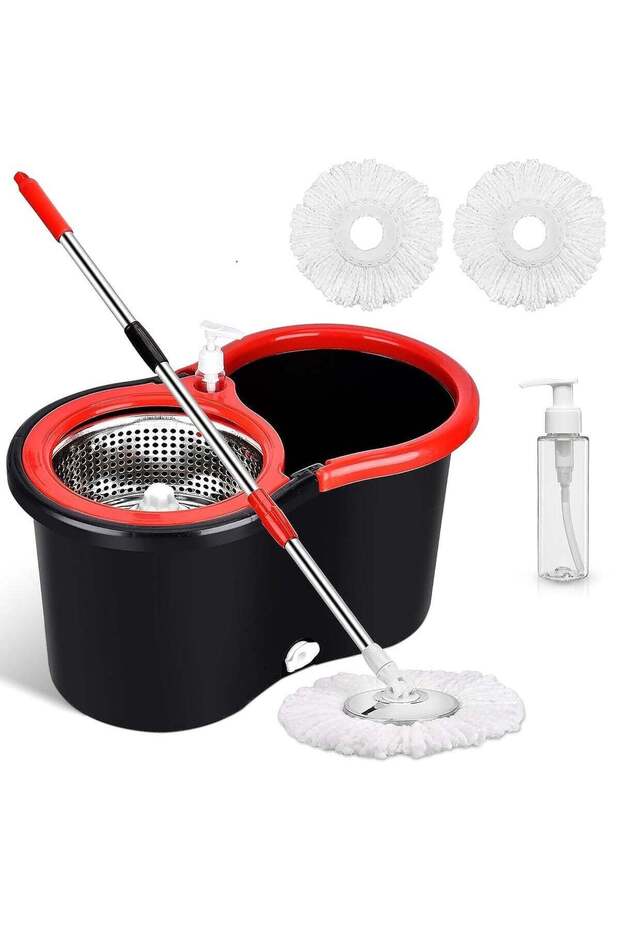 Spin Mop & Bucket Set with Wringer, 360° Rotating Stainless Steel Mop, 2 Microfiber Head