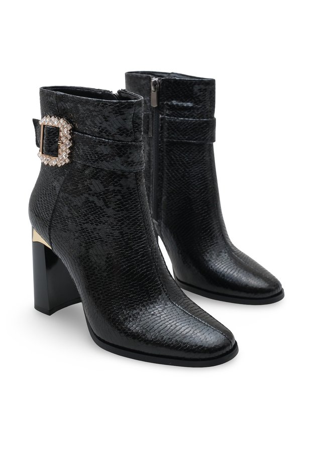 Women's Black Snake Patent Leather Square Toe 9.5 cm Heeled, Stylish Ankle Boots with Stone Buckle