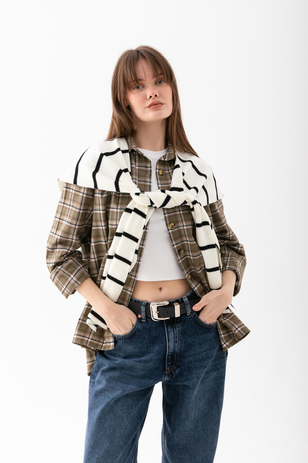 Wega Moda Kare Çizgili Parçalı Patchwork Atkı - Spor Triko Örme Omuz Atkısı | Unisex Boho Şal - Atkı