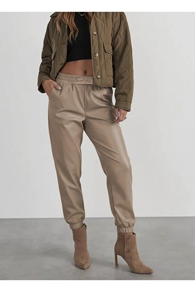 Women's High Waist Elastic Front Buttoned Leather Pants