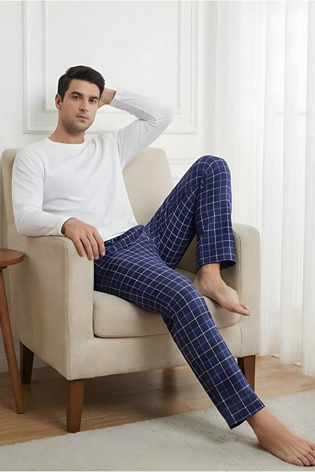 Men's 100% Cotton Interlock Pajama Pants Casual Home Wear Comfortable Plaid Sweatpants Single Bottom