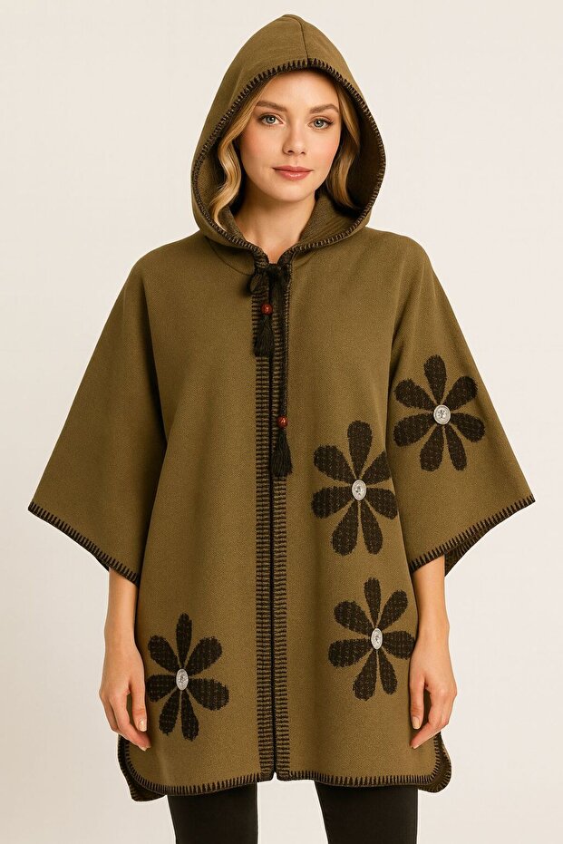 Kadın Kapüşonlu Şık Örme Triko Panço - 4