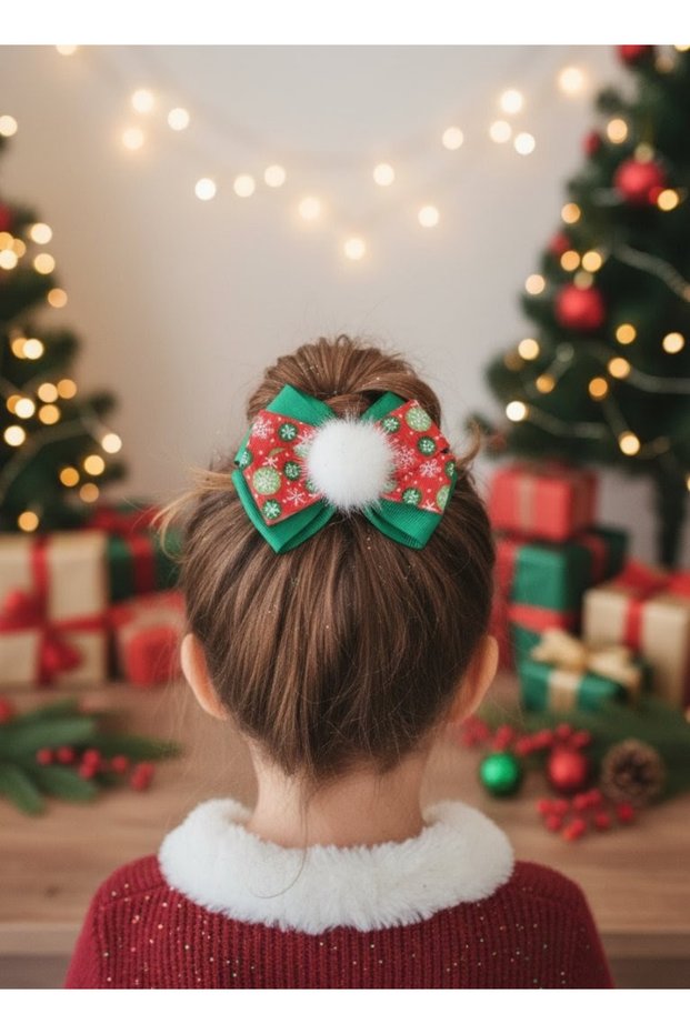 Latest Trend Red Green Christmas Hair Clip with Pompom, Bow Hair Clip, Hand Made Christmas Hair Clip