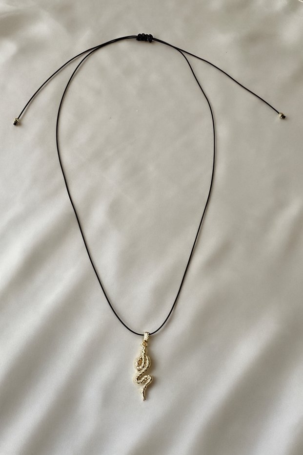 Black Rope Gold Snake Detailed Adjustable Necklace - Does Not Tarnish