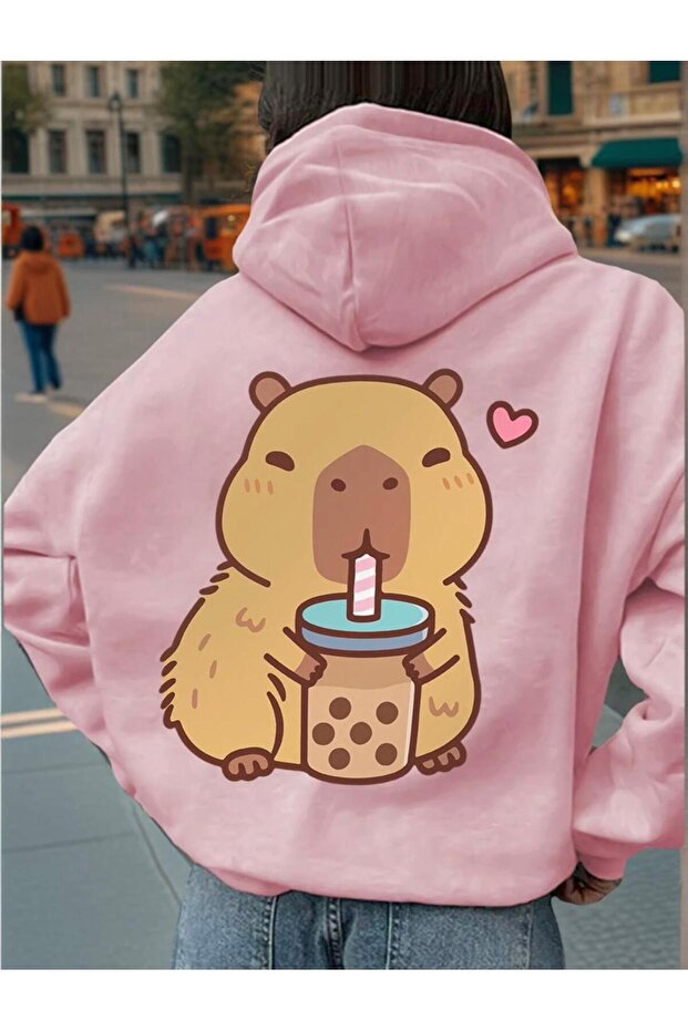 Girls/Boys Cappybara Drink Coffee Back Printed K Hooded Sweatshirt