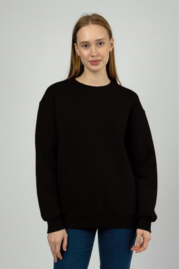 Women's Basic Cotton Fleece Lined Crew Neck Sweatshirt Black