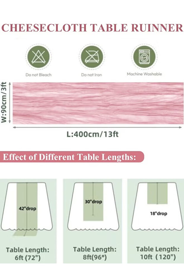 مفرش طاولة، مفرش طاولة من الشاش مقاس 90 × 400 سم، مفرش طاولة شفاف على الطراز الريفي - 2