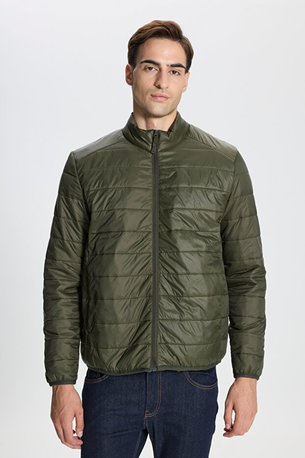 Windproof Warm Ultra Light Standard Fit Stand Collar Men's Khaki Puffer Jacket