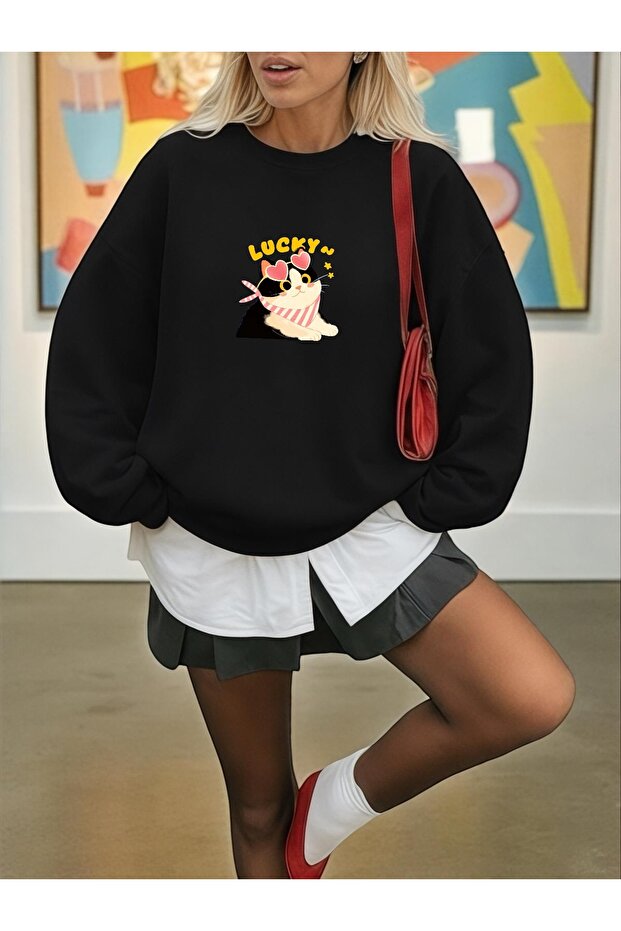 سويت شيرت بأكمام طويلة للجنسين من LUCKY CAT B مطبوع مقاس كبير بياقة دائرية