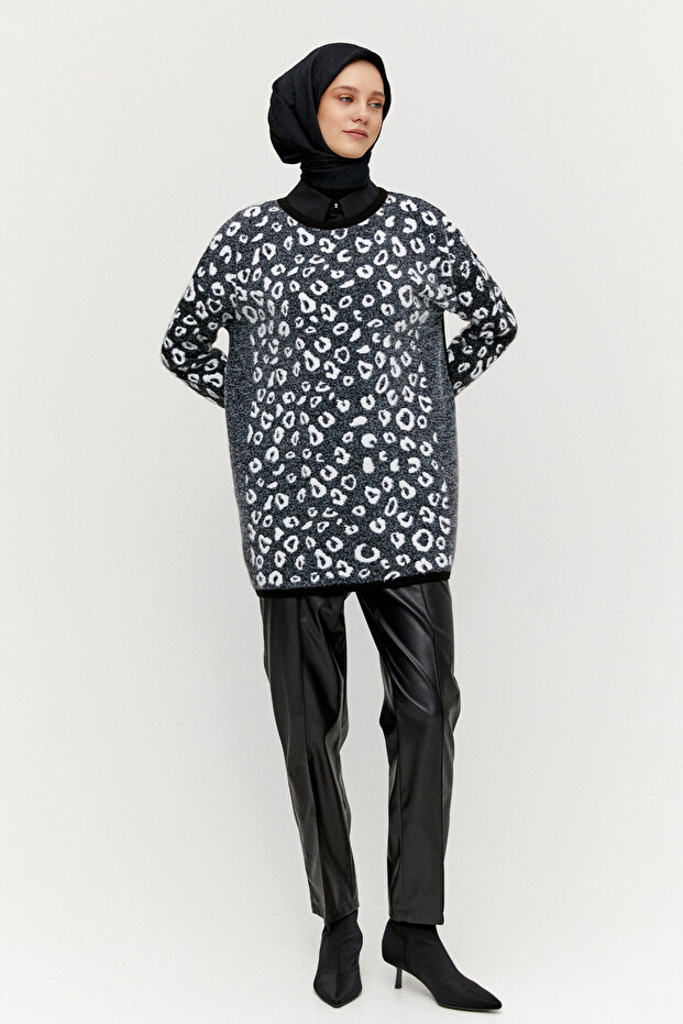 Leopar Detaylı Triko Tunik - 1