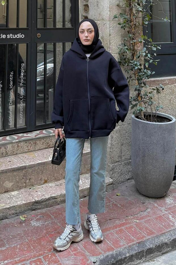 Hooded Oversized Sweat with Side Pockets Navy Blue