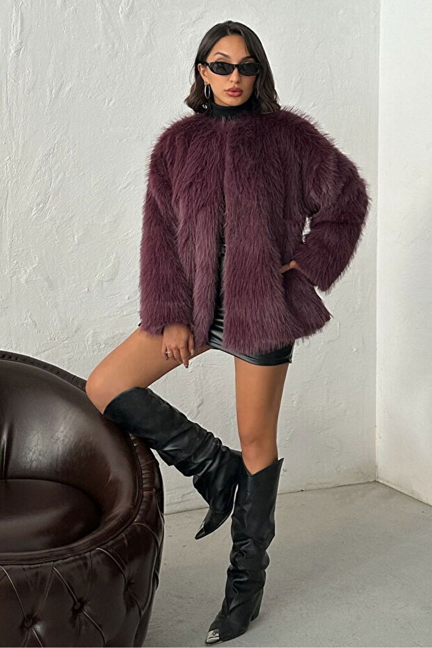 Faux Fur Jacket - Plum | F1608