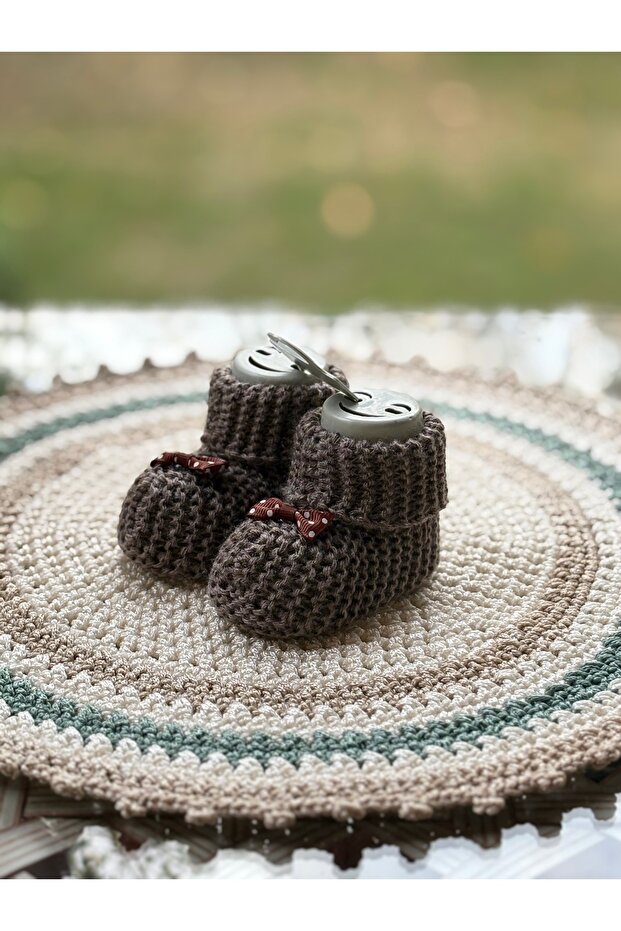 Knitted Newborn Baby Booties Brown with Bow Detail