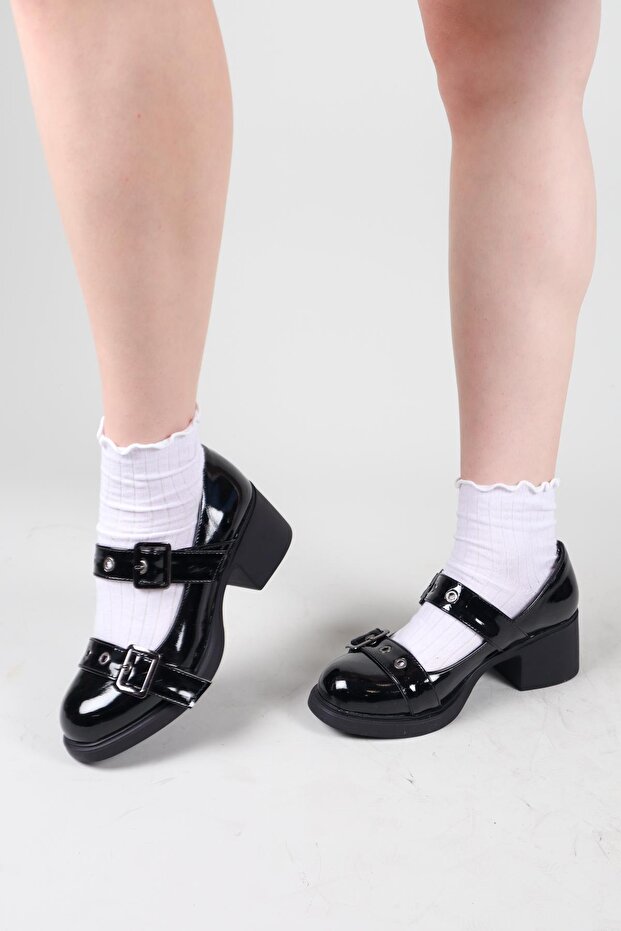 Valoris Double Belted Patent Leather Heeled Shoes Black