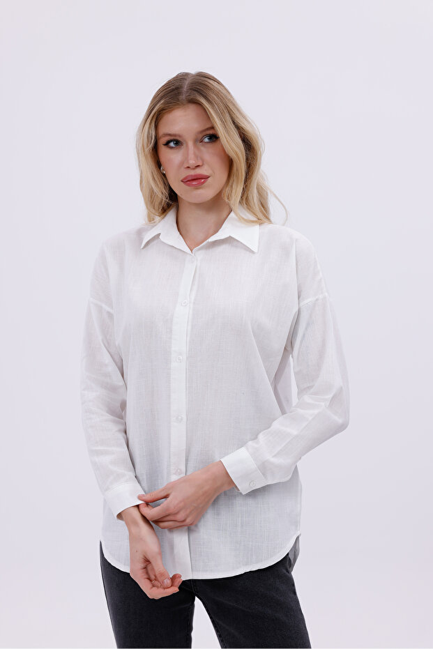 Women's Oversized White Linen Blend Long Sleeve Basic Shirt - Stylish and Comfortable Everyday Wear Piece