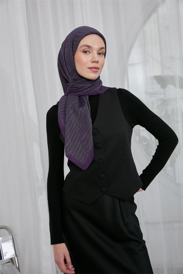 Viscose Velora Scarf Dark Purple Mildew Green Striped Lightweight Flowy 90X90