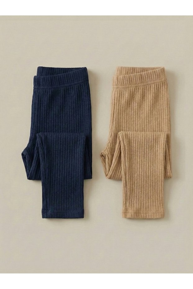 Girl's 2-Piece Set of Corded Fabric Stretchy Cotton Children's Long Leggings Set Narrow Leg Beige - Navy Blue