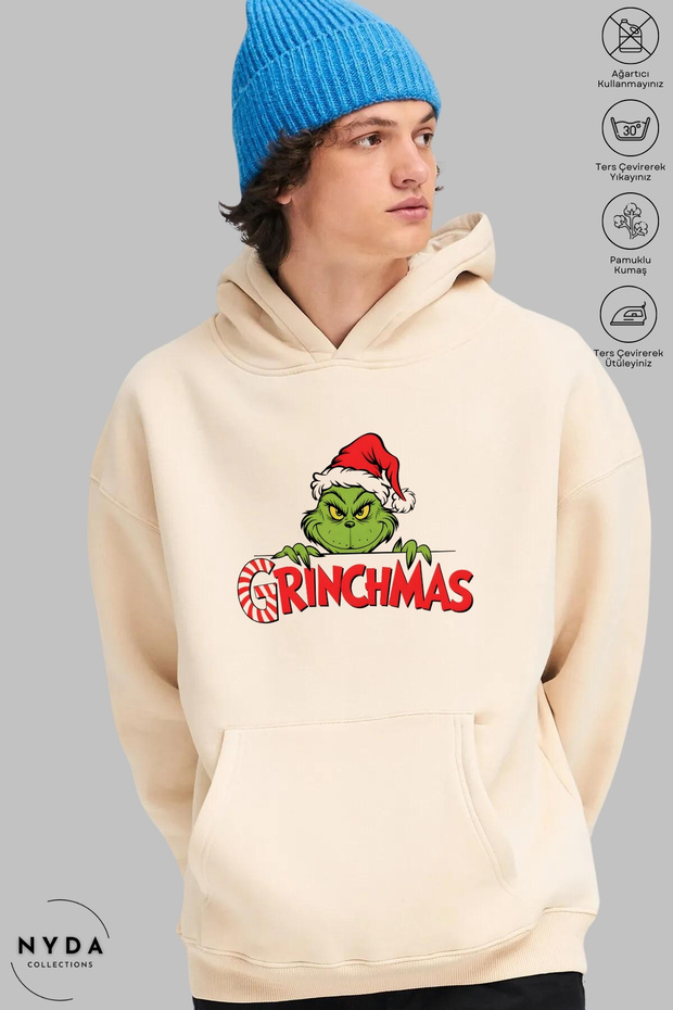 Unisex Hoodie Long Sleeve Grinchmas Printed Hooded Fleece-Lined Oversized Cotton Sweatshirt