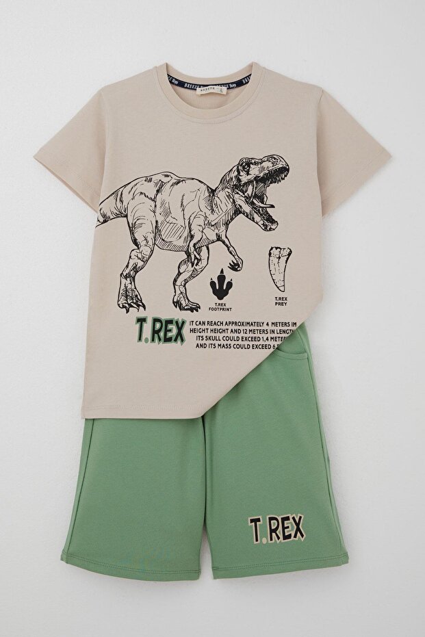 Boys' Shorts Set Strong Dinosaur Printed Short Sleeves Big Power 4-9 Years Old, Beige