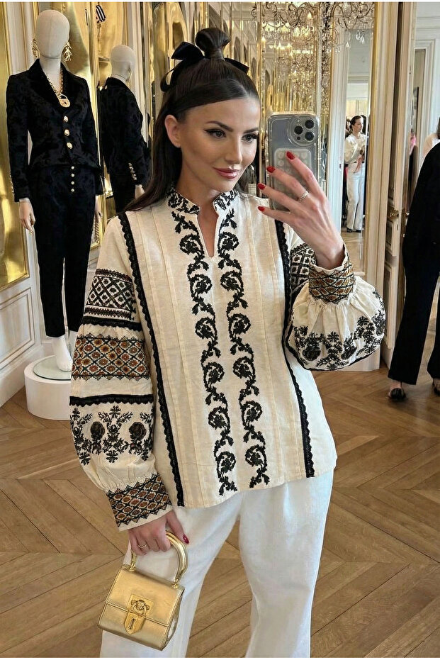 Women's Beige Embroidered Cotton Blouse