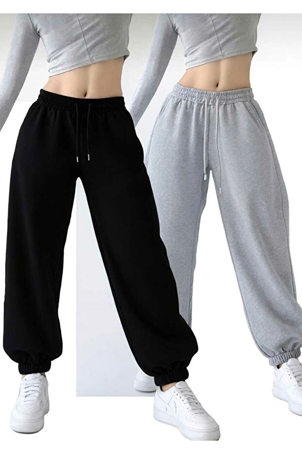 Two Pieces Black Gray Elastic Waist Loose Fit Sweatpants11