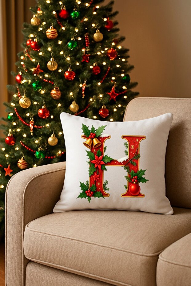 Digital Printed Red Letter H Decorative Throw Pillow Cover with Christmas Pine Decoration