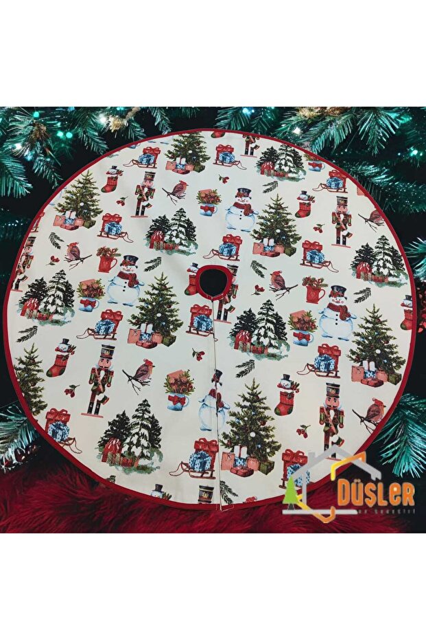 Cream Pine Tree and Figured Christmas Foot Rug, Christmas Tree Skirt, Pine Tree Skirt Washable