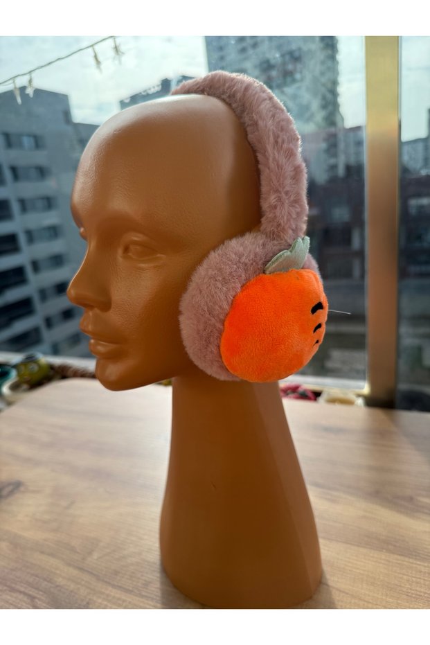 Protecting from the Cold, Winter Earmuffs with Orange Figures, Fluffy Pink Color, Cute Plush Children's Earmuffs