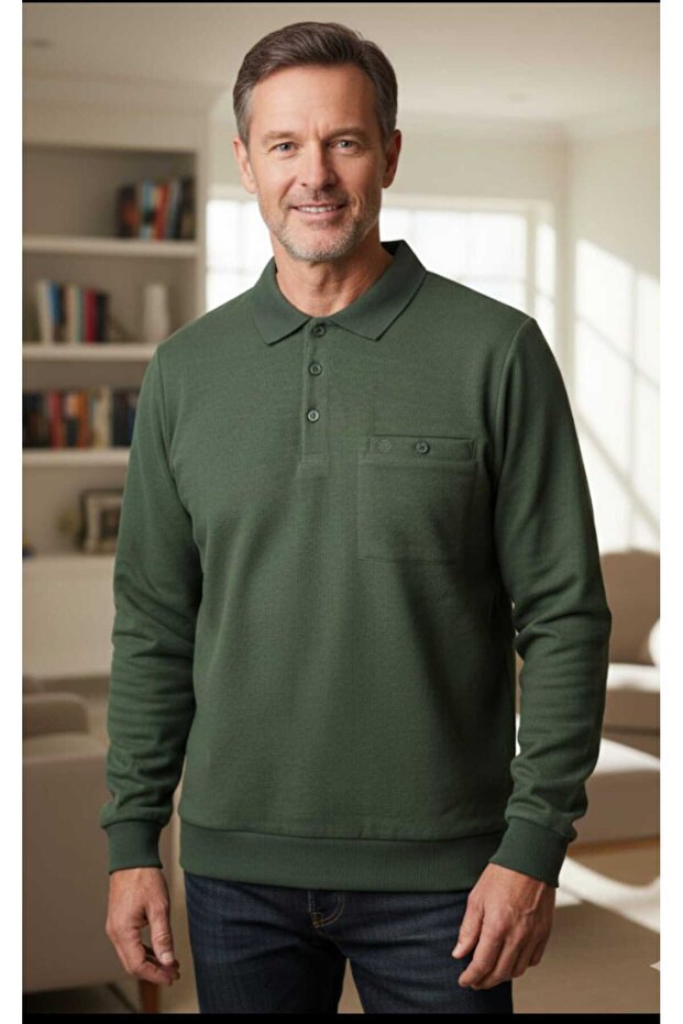Long Sleeve Thick Selanik Knitted Men's Sweatshirt with Pockets on the Sleeves and Ribbed (Elastic) Bottom