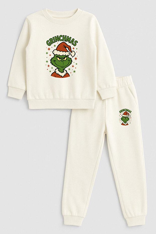 2026 New Year Santa Claus Christmas Printed Crew Neck Ecru Children's Tracksuit Bottom Top Set