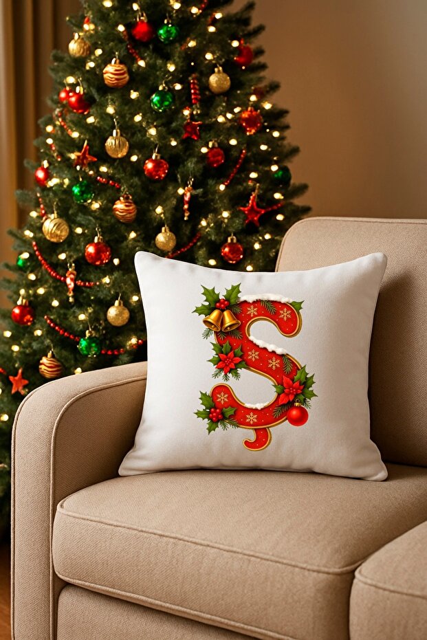 Digital Printed Red Letter S Decorative Throw Pillow Cover with Christmas Pine Decoration