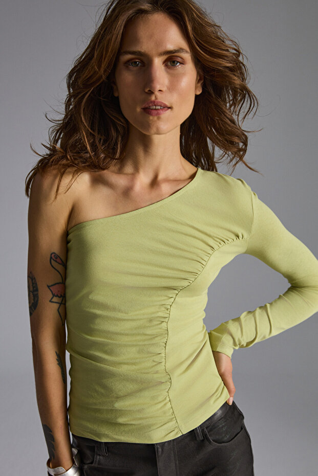 Viyol Women's Organic Cotton Stretch Fabric Single Sleeve Gathered Green Blouse