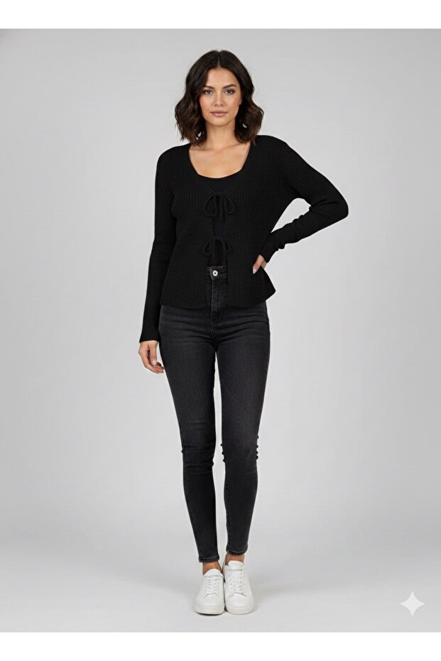 Siyah örme bağcıklı ceket - 1