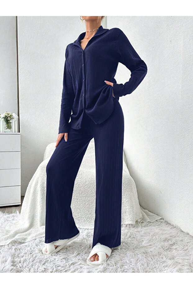 Navy Blue Flat Front Buttoned Pajama Set - 3