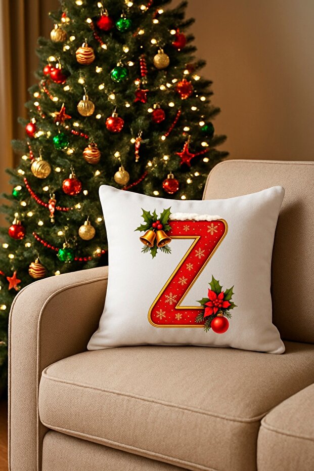 Digital Printed Red Letter Z Decorative Throw Pillow Cover with Christmas Pine Decoration