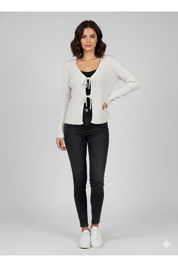 Ekru örme bağcıklı ceket - 1