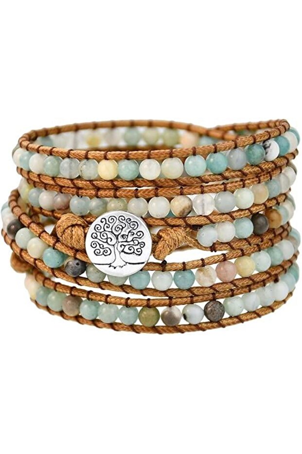 Natural Stone Amazonite Multi-Wrap Bracelet – Leather Design, with Tree of Life Figure, Handmade Bracelet