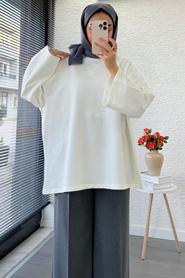 Volan Kol Basic Oversize Tunik – Ekru - 9