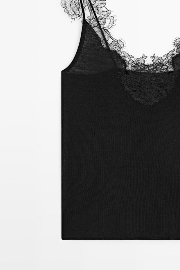 Askılı dantel şeritli triko bluz - 7