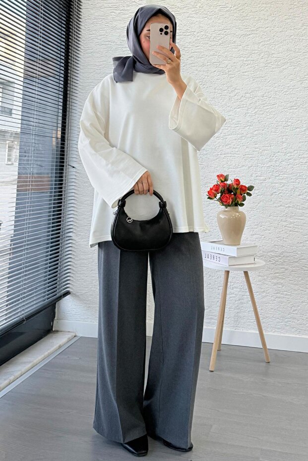 Volan Kol Basic Oversize Tunik – Ekru - 6