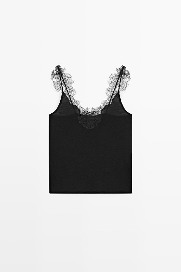 Askılı dantel şeritli triko bluz - 5