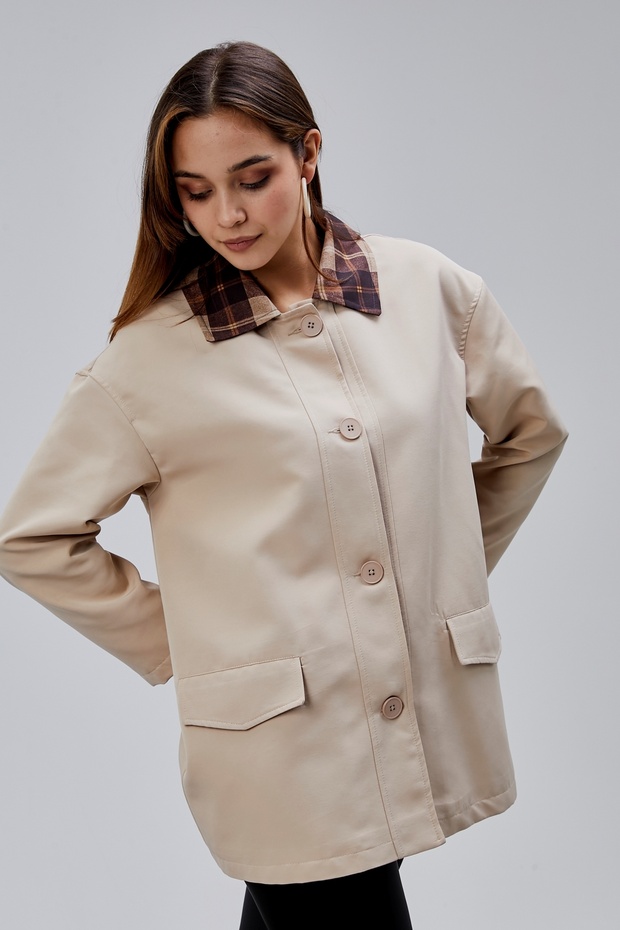 Mia Mink Plaid Collar Pocketed Oversized Trench Coat