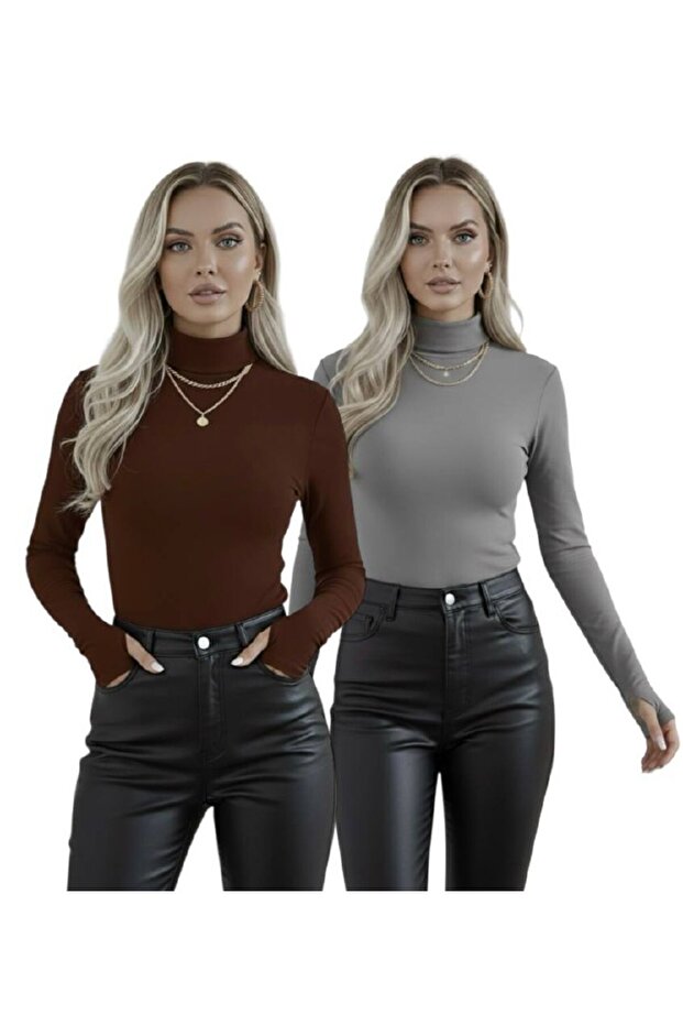 Finger Detailed Women's Bodysuit – Long Sleeve Set of 2 | Flexible and Soft Fabric | 2 Pack