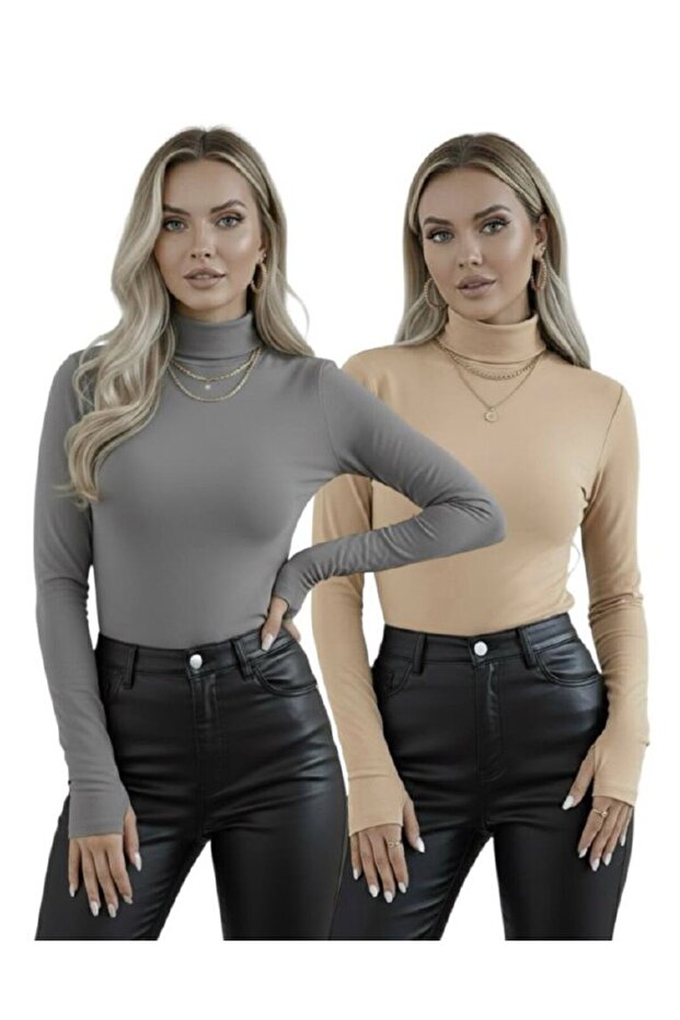 Finger Detailed Women's Bodysuit – Long Sleeve Set of 2 | Flexible and Soft Fabric | 2 Pack
