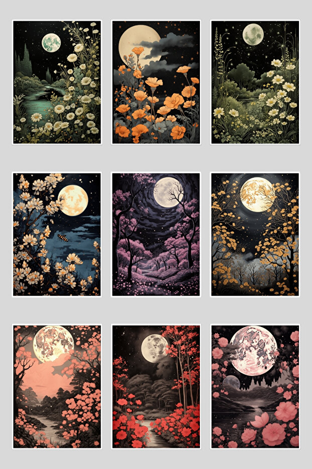 Full Moon and Flowers Themed 9-Piece Postcard Set