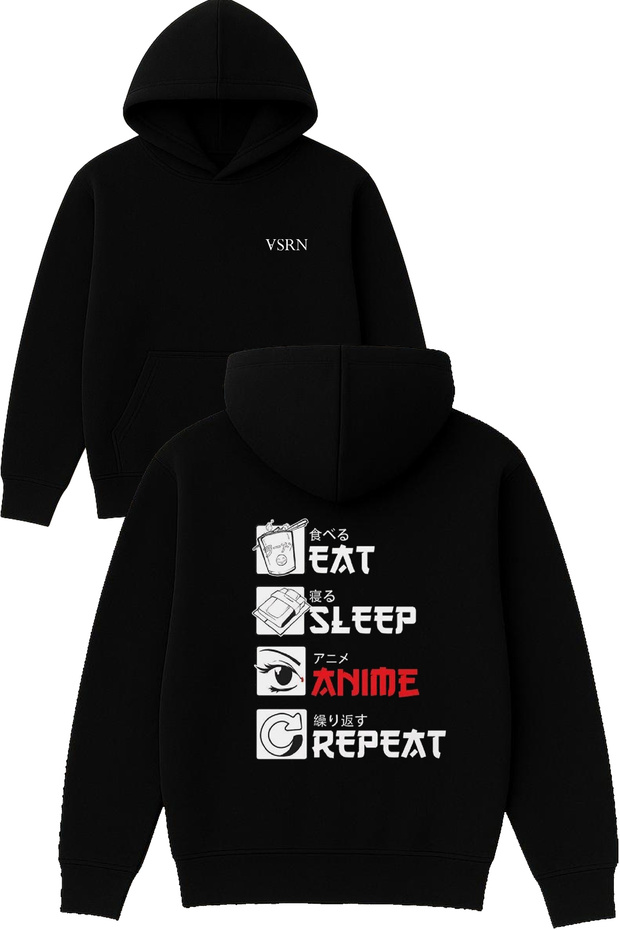 Anime Eat Sleep Design Printed Oversized Black Hooded Sweatshirt