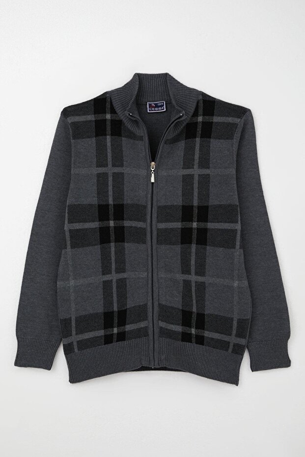Boy's Knitwear Cardigan with Zipper, Plaid Pattern, Age 6-9, Gray